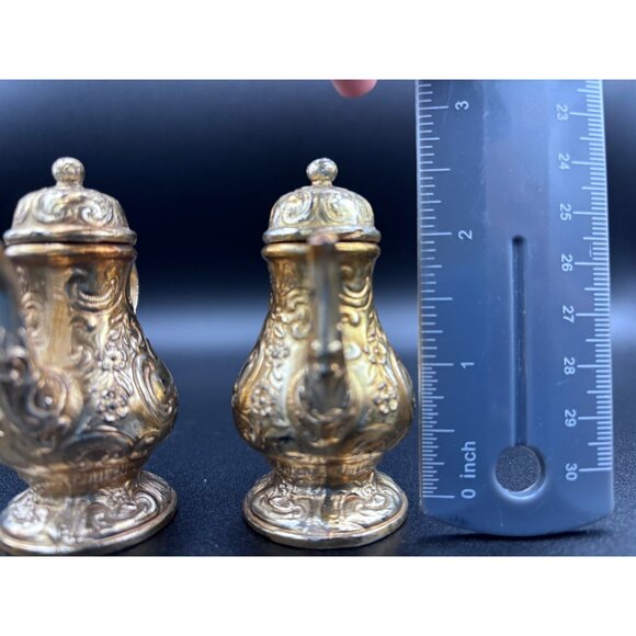 Vintage Silverplate Ornate Baroque Miniature Teapot Salt & Pepper Shakers Patina - Picture 6 of 6
